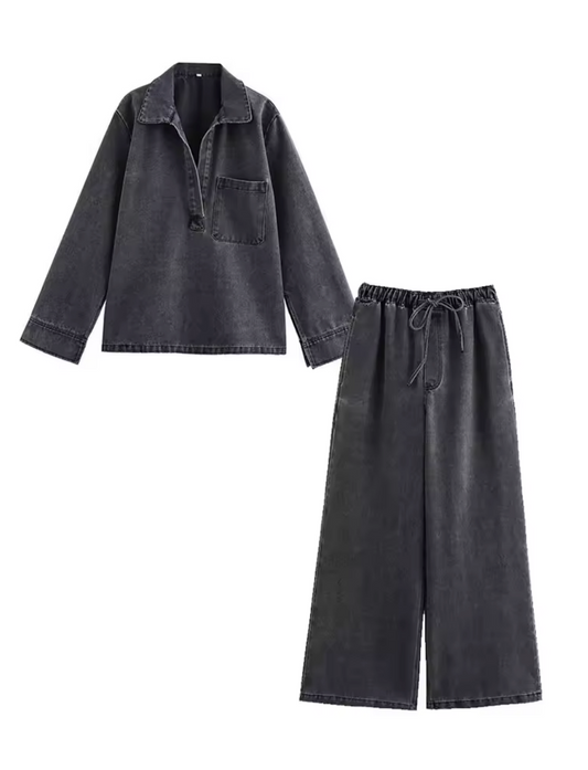 NOOR | Tweedelige Dames Set In Washed Denim Look – Relaxed, Stoer & Comfortabel Voor Elke Dag