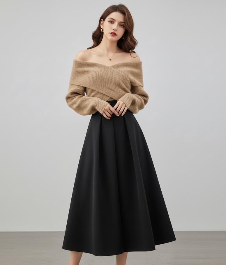 Zwarte Midi Rok Met Off-Shoulder Trui | Elegante Dames Winterset Voor Elke Gelegenheid