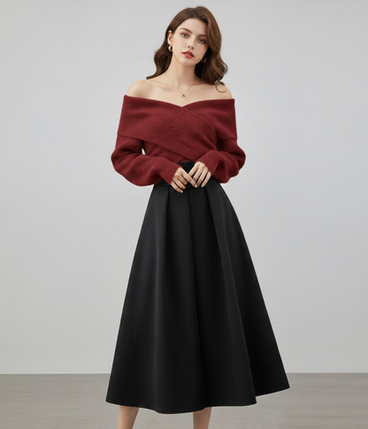 Zwarte Midi Rok Met Off-Shoulder Trui | Elegante Dames Winterset Voor Elke Gelegenheid