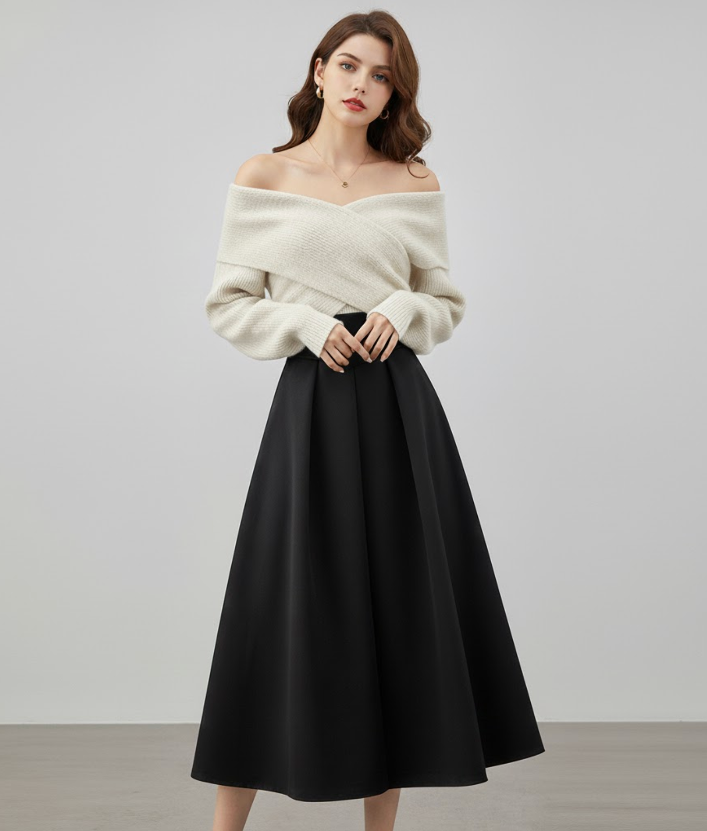 Zwarte Midi Rok Met Off-Shoulder Trui | Elegante Dames Winterset Voor Elke Gelegenheid