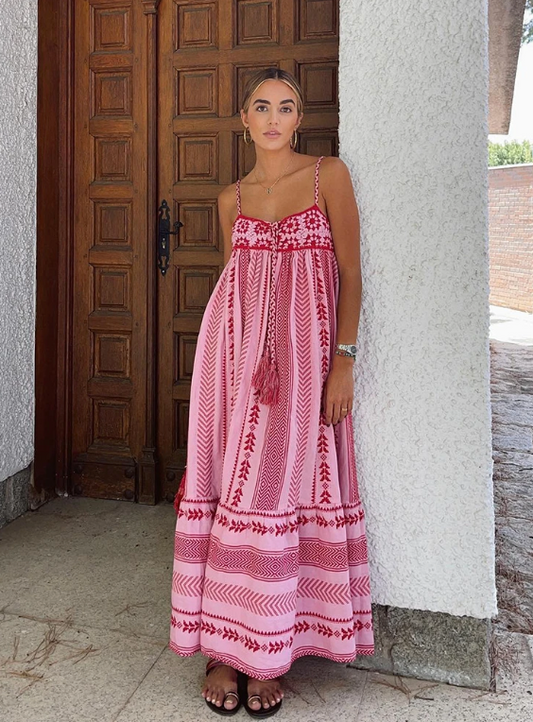YELINA | Dames Maxi Zomerjurk – Borduurwerk & Spaghettibandjes