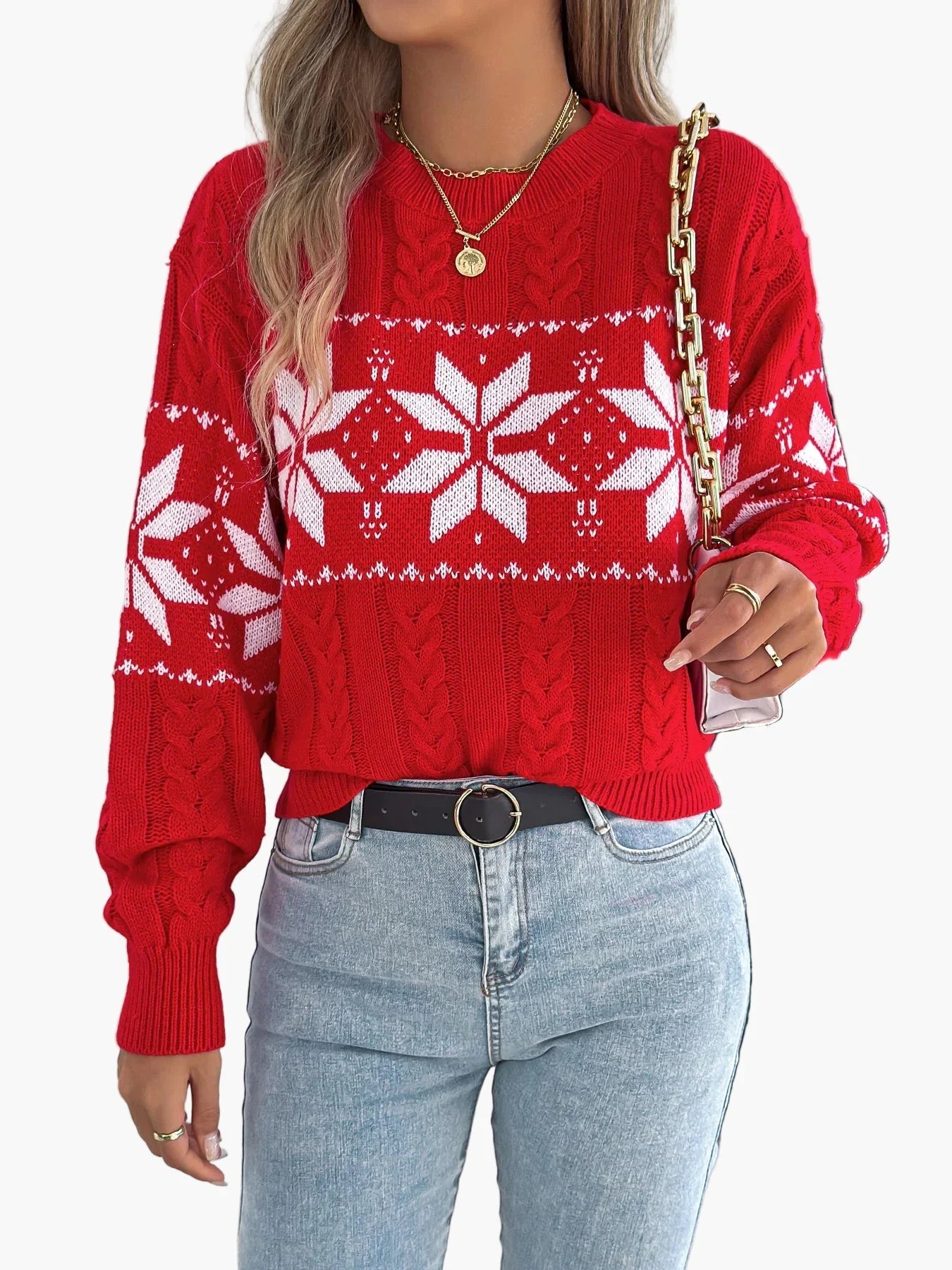 Wintertrui Met Noors Patroon Voor Dames | Warme Gebreide Kersttrui Met Sneeuwvlok Design