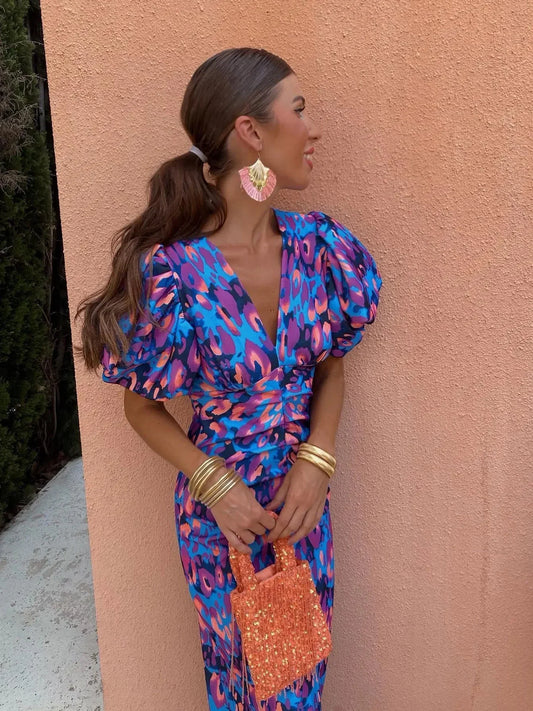 SELINA | Zomerse Maxi Jurk Voor Dames Met Plof Mouwen & Krachtige Kleur