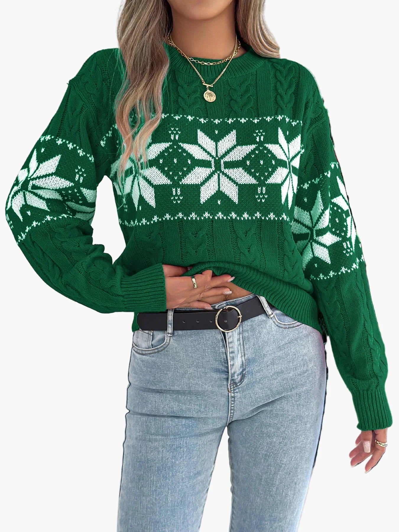 Wintertrui Met Noors Patroon Voor Dames | Warme Gebreide Kersttrui Met Sneeuwvlok Design