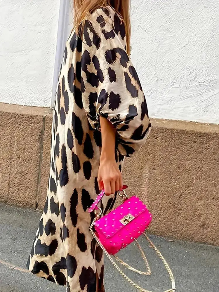 TRACY | Dames Midi-Jurk Met Luipaard Print & Pof Mouwen - Zomers & Stijlvol