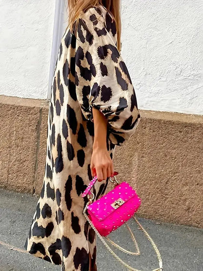 TRACY | Dames Midi-Jurk Met Luipaard Print & Pof Mouwen - Zomers & Stijlvol