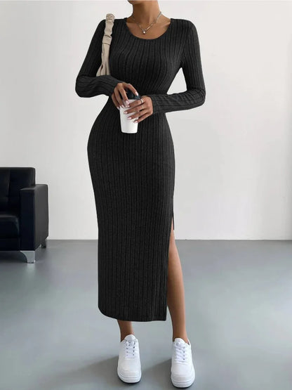 MAREN | Winter Gebreide Midi-Jurk Met Lange Mouwen & Zijsplit – Warm, Stijlvol & Flatterend