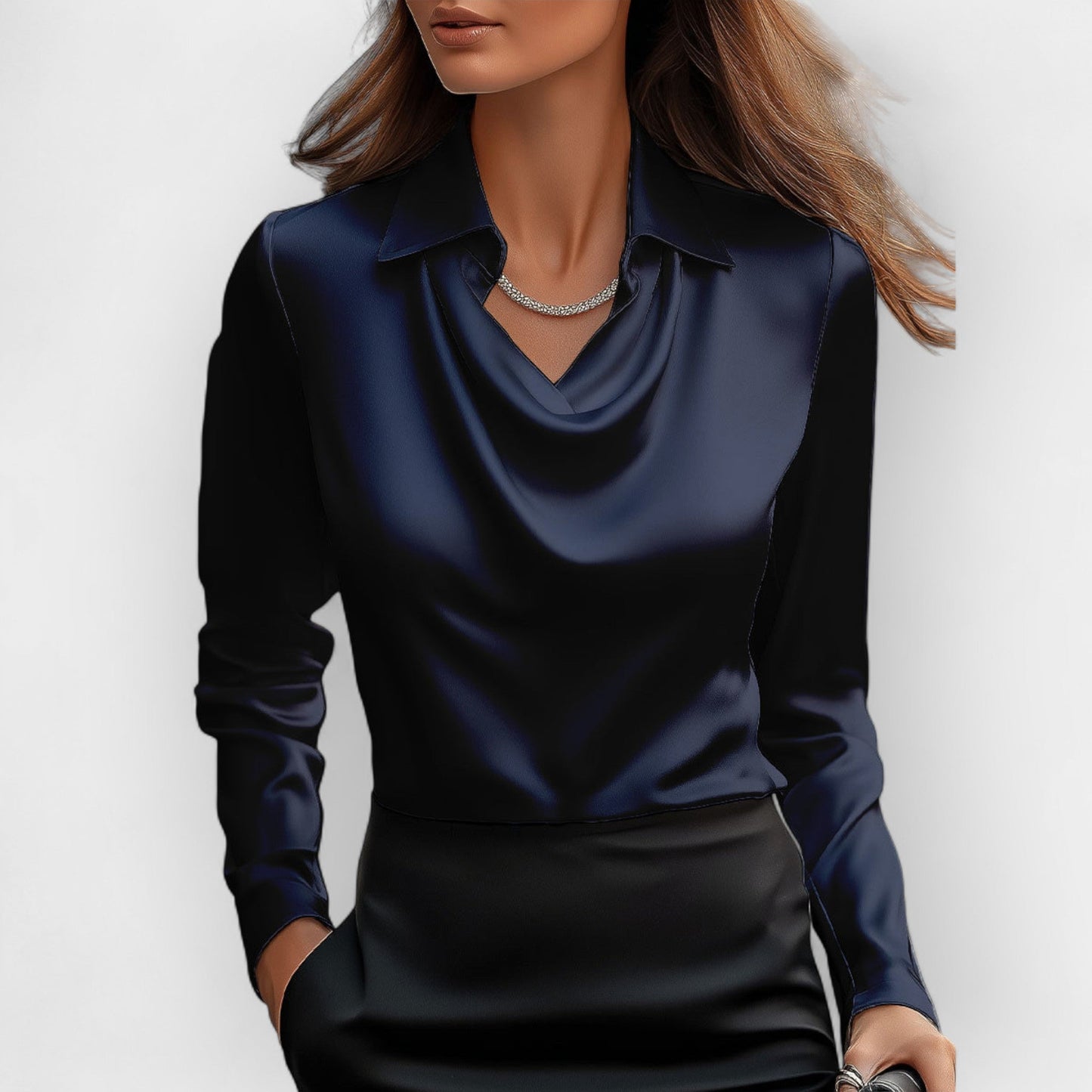 Elegante Satijnen Blouse Met Watervalhals | Luxe Glans En Vrouwelijke Elegantielijn