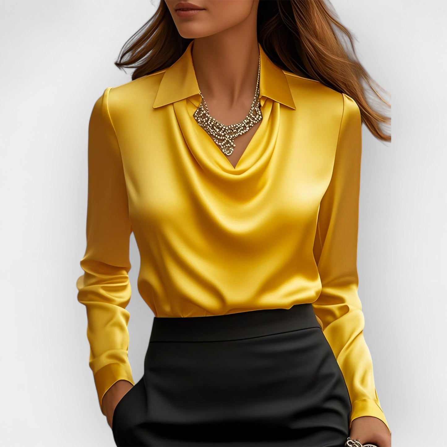 Elegante Satijnen Blouse Met Watervalhals | Luxe Glans En Vrouwelijke Elegantielijn
