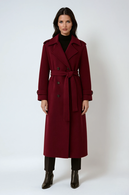 Burgundy Lange Wollen Winterjas – Elegantie & Warmte Voor IJskoude Dagen
