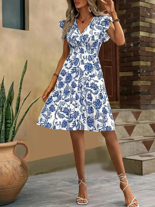 FLEURINE | Bloemen Midi-Jurk met V-hals & Franjemouwen – Luchtig, Elegant & Zomers