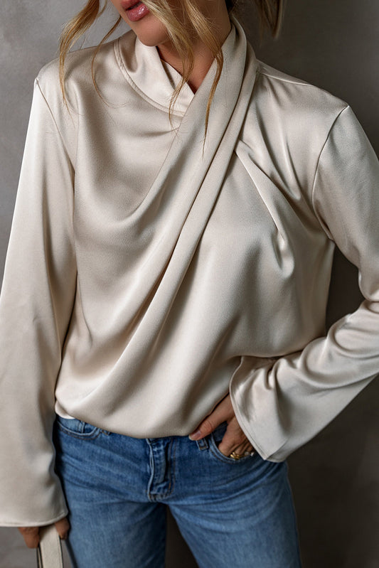 AYAKA | Dames Satijnen Blouse – Draperend Design – Lange Mouwen – Beige Elegantie – Veelzijdige Look