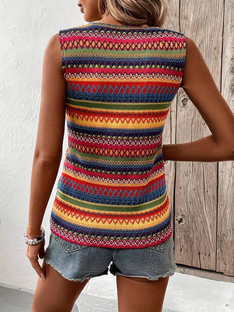 LANA | Dames Mouwloze Gebreide Look top met Kleurrijk patroon – Speels en Luchtig voor Zonnige dagen