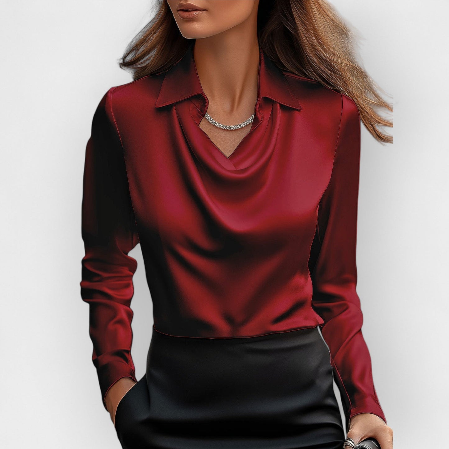 Elegante Satijnen Blouse Met Watervalhals | Luxe Glans En Vrouwelijke Elegantielijn