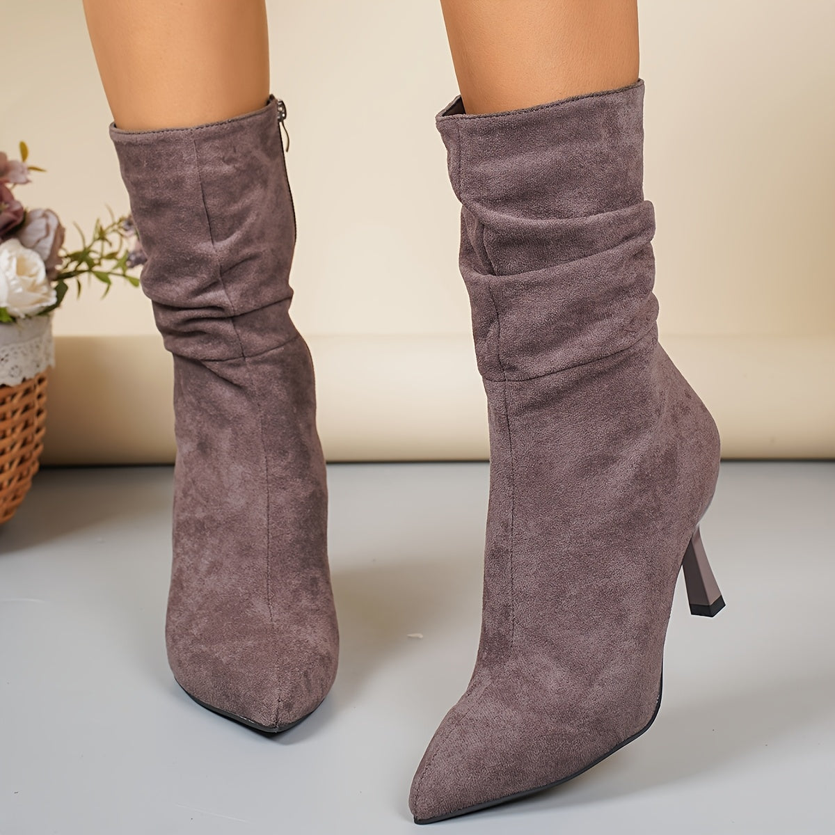 Elegante Slanke Dames Enkellaarsjes | Mid-High Plissé Boots Met Puntneus & Stiletto Hak