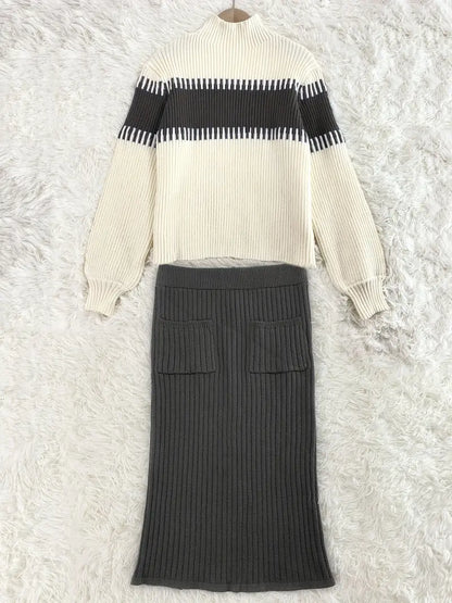 MIREILLE | Gebreide Dames Rok & Trui Set Met Kleuraccent – Stijlvol, Comfortabel & Perfect Voor De Koude Dagen