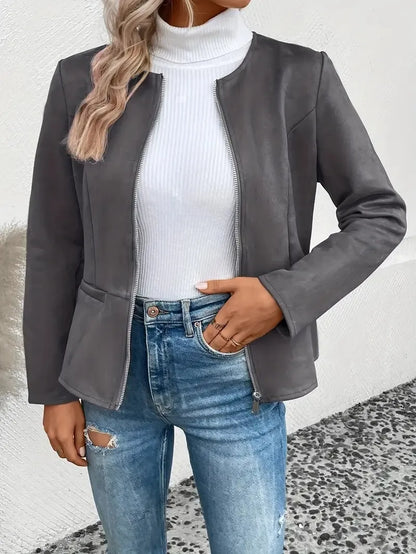 MAEVE | Suède Dames Jasje Met Rits, Ronde Hals & Blazer-Style - Elegant, Stijlvol & Modieus