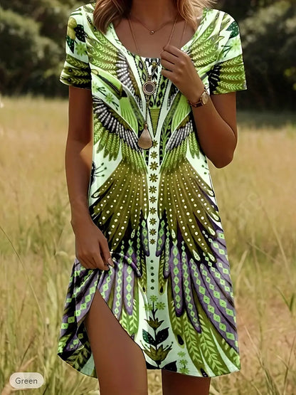 HANA | Korte Zomerjurk Met Vleugelprint – Kleurrijk, Comfortabel & Boho-chic Voor Elke Dag