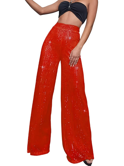 Pailletten Wijdvallende Broek Voor Dames | Glanzende Feestbroek Met Elastische Taille