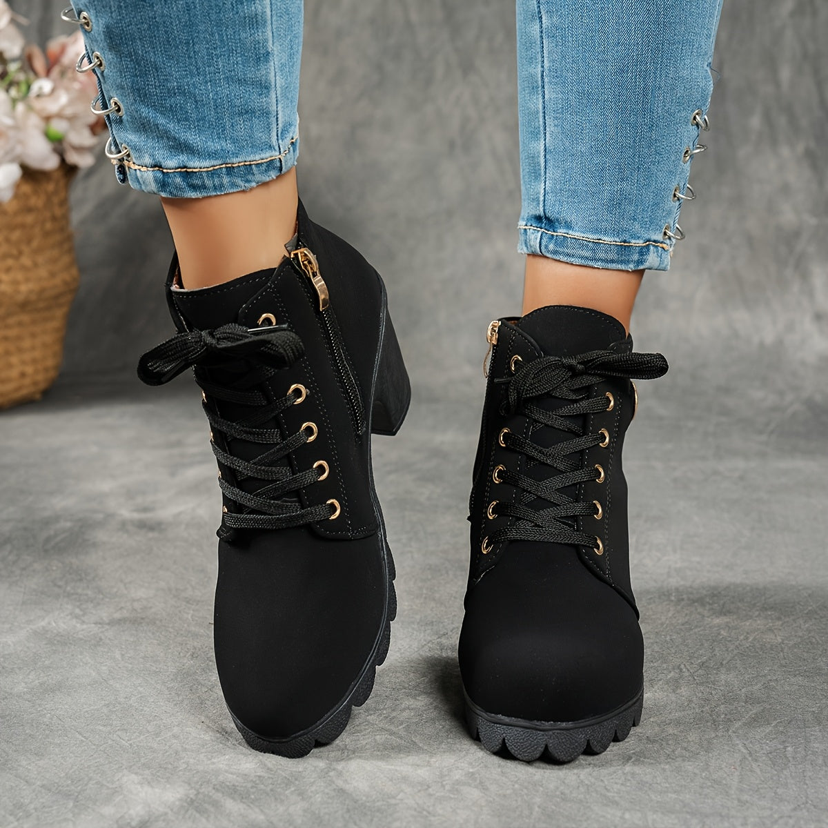 Dames Enkelboots Met Blokhak | Comfortabele All-Season Veterschoenen
