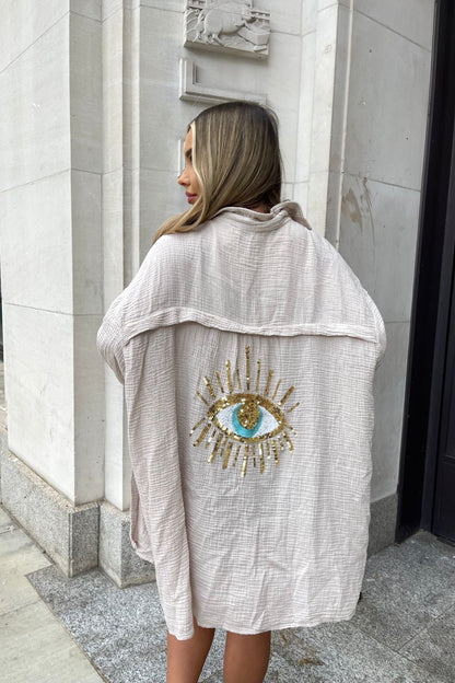 KYLIE | Oversized Linnen Blouse Dames – Met Geborduurd Oog & Bohemian Flair