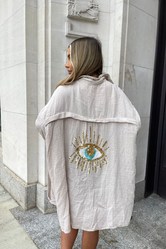 KYLIE | Oversized Linnen Blouse Dames – Met Geborduurd Oog & Bohemian Flair
