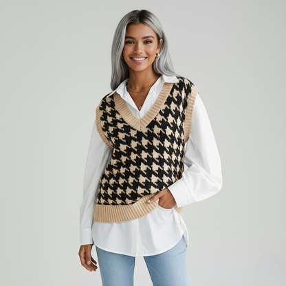 Dames Geruite Gebreide Vest-Top – Tijdloos, Stijlvol & Perfect om te Layeren