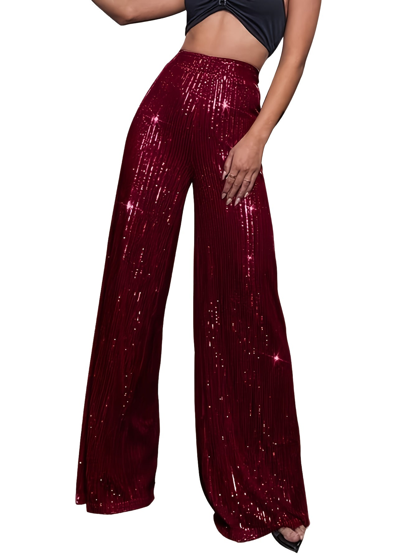Pailletten Wijdvallende Broek Voor Dames | Glanzende Feestbroek Met Elastische Taille