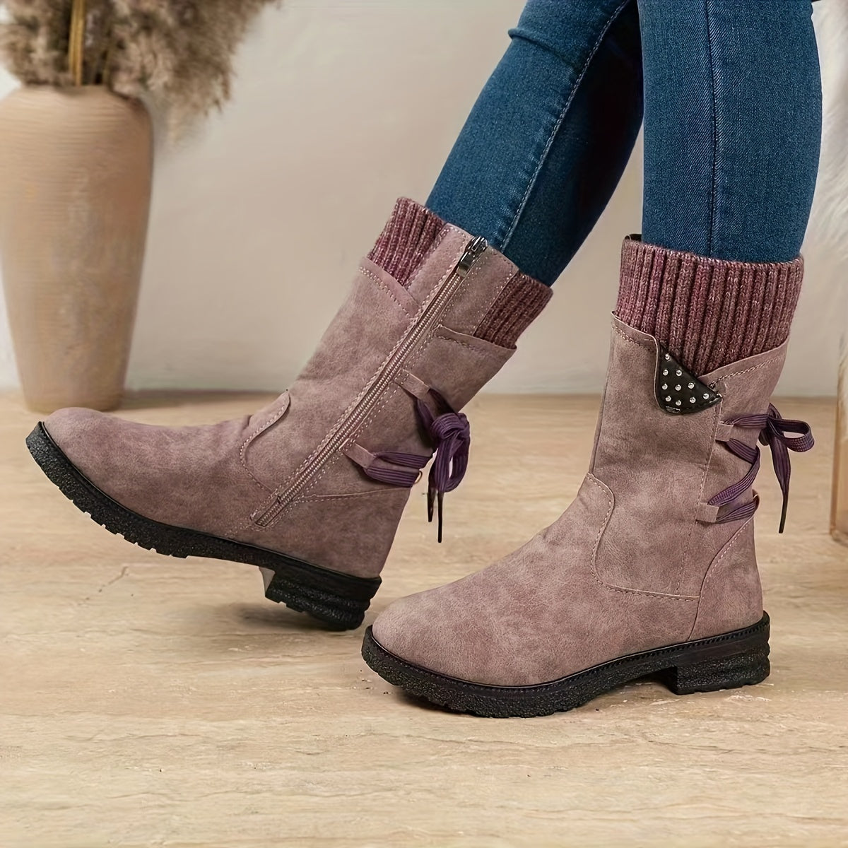 Vintage Teal Dameslaarzen | Warme Halfhoge Winterboots Met Fleece & Stevige Zool