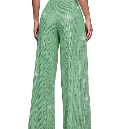 Pailletten Wijdvallende Broek Voor Dames | Glanzende Feestbroek Met Elastische Taille