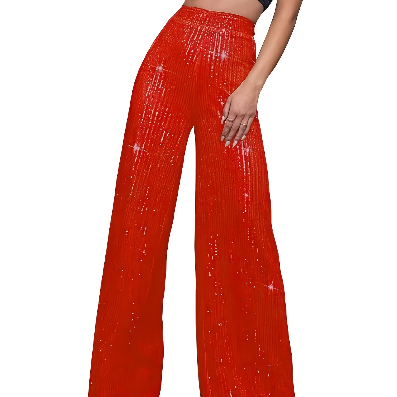 Pailletten Wijdvallende Broek Voor Dames | Glanzende Feestbroek Met Elastische Taille