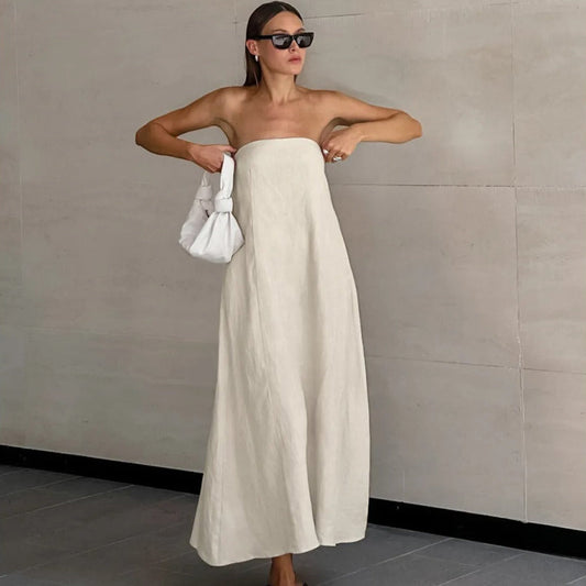 ELODIE | Lange Strapless Jurk Van Linnen-Katoen – Luchtig, Natuurlijk, Elegant