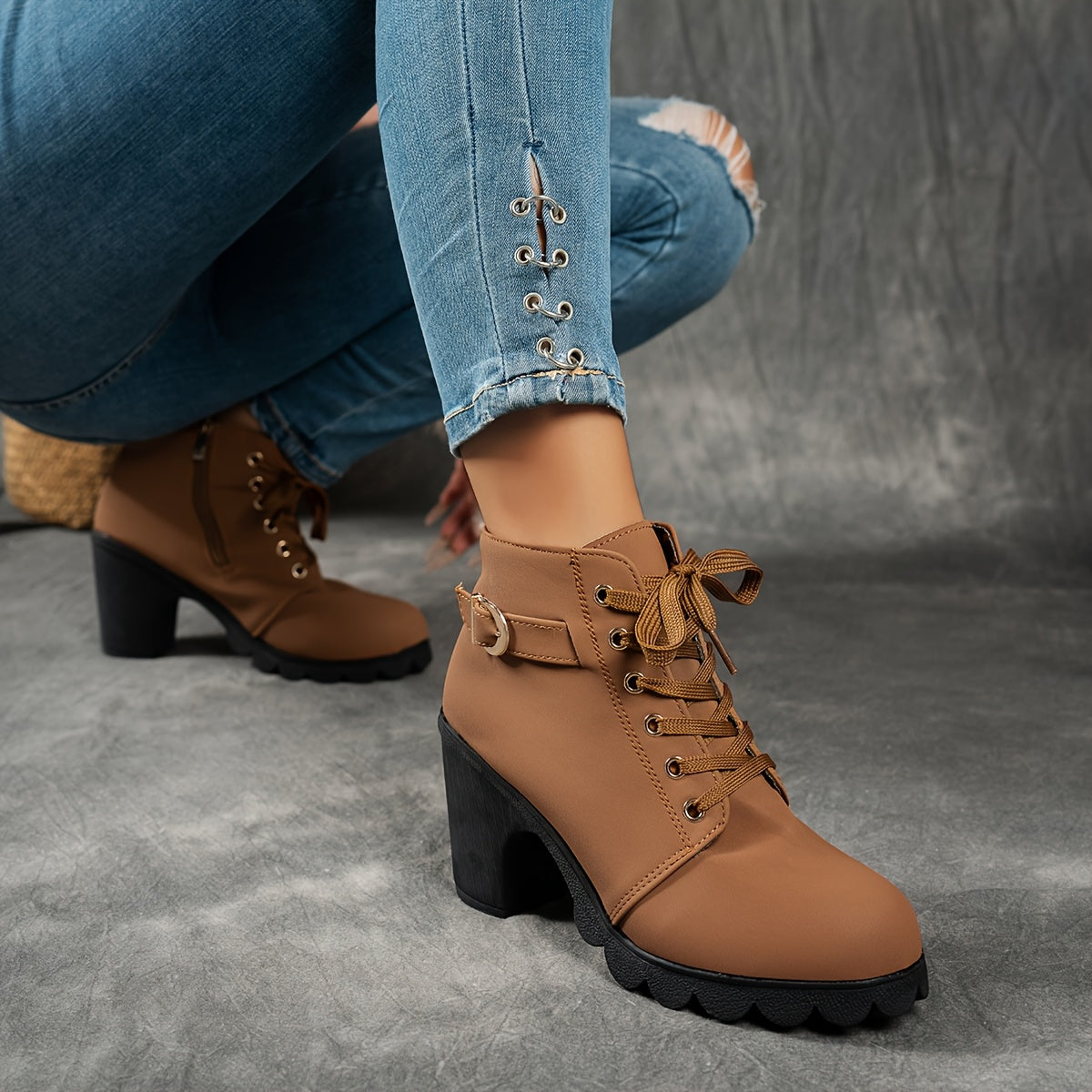 Dames Enkelboots Met Blokhak | Comfortabele All-Season Veterschoenen