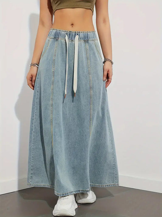 JOLENE | Denim Maxi A-Lijn Rok met Lace Design