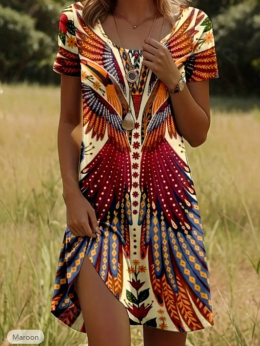 HANA | Korte Zomerjurk Met Vleugelprint – Kleurrijk, Comfortabel & Boho-chic Voor Elke Dag