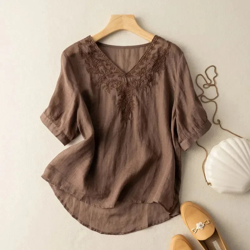 NATALIA | Geborduurde Linnen Dames Blouse met V-Hals – Luchtig, Boho & Elegant