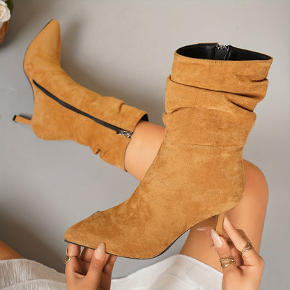 Elegante Slanke Dames Enkellaarsjes | Mid-High Plissé Boots Met Puntneus & Stiletto Hak