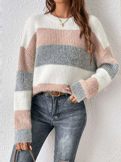 Grof Gebreide Trui Voor Dames Met Brede Strepen – Warm,Casual Stijl & Perfect voor het Najaar