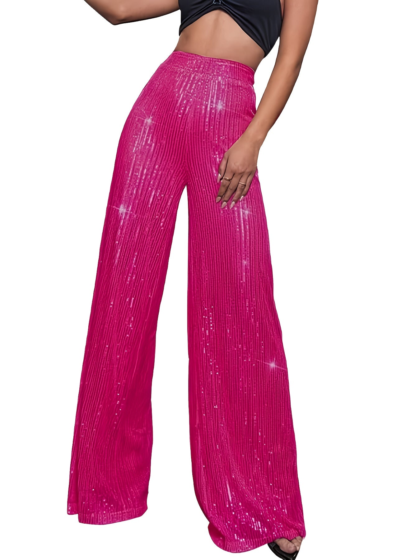 Pailletten Wijdvallende Broek Voor Dames | Glanzende Feestbroek Met Elastische Taille