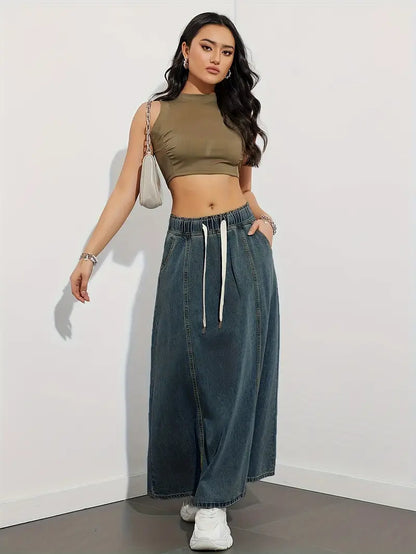 JOLENE | Denim Maxi A-Lijn Rok met Lace Design