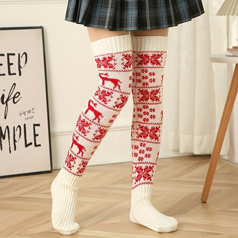 Kerst Kniekousen Voor Dames | Warme Gebreide Winter Kniekousen Met Feestelijke Print