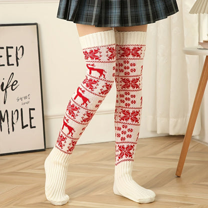 Kerst Kniekousen Voor Dames | Warme Gebreide Winter Kniekousen Met Feestelijke Print