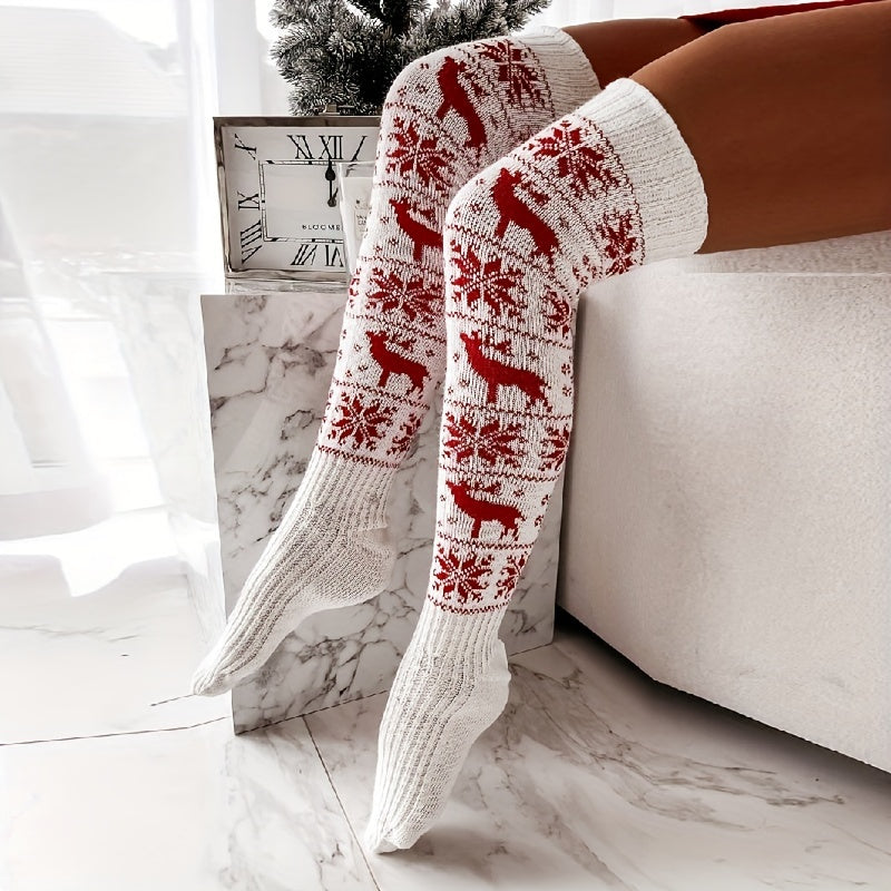 Kerst Kniekousen Voor Dames | Warme Gebreide Winter Kniekousen Met Feestelijke Print