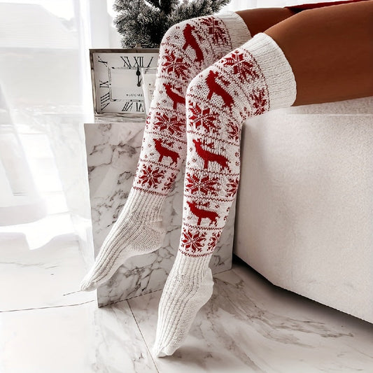 Kerst Kniekousen Voor Dames | Warme Gebreide Winter Kniekousen Met Feestelijke Print