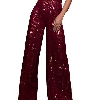 Pailletten Wijdvallende Broek Voor Dames | Glanzende Feestbroek Met Elastische Taille
