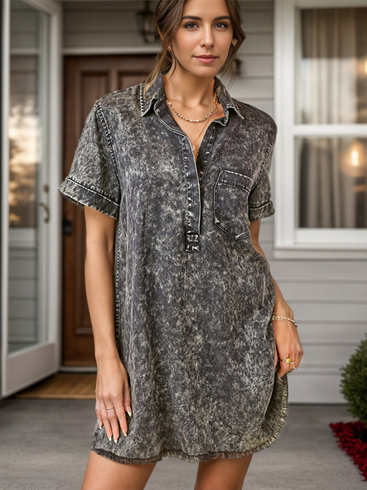 LIZA | Denim T-Shirt Jurk Voor Dames Met Korte Mouwen, Kraag En Borstzak – Stoer, Casual, Comfortabel