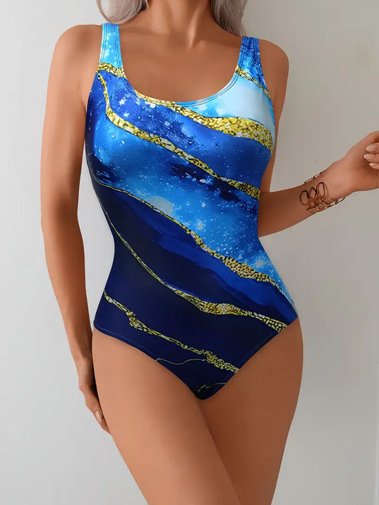 JUNE | Elegant Dames Badpak met Marmerprint – Corrigerend, Comfortabel & Chic voor Stranddagen