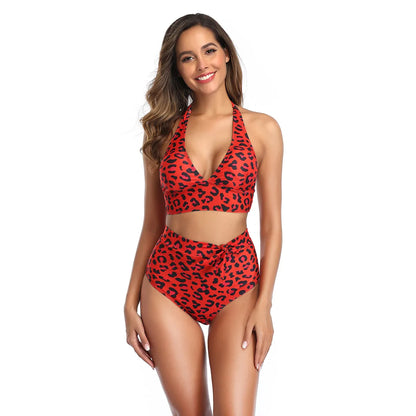 LÉONA | Elegante High Waist Bikini met Luipaardprint en Haltertop - Zomers & Comfortabel