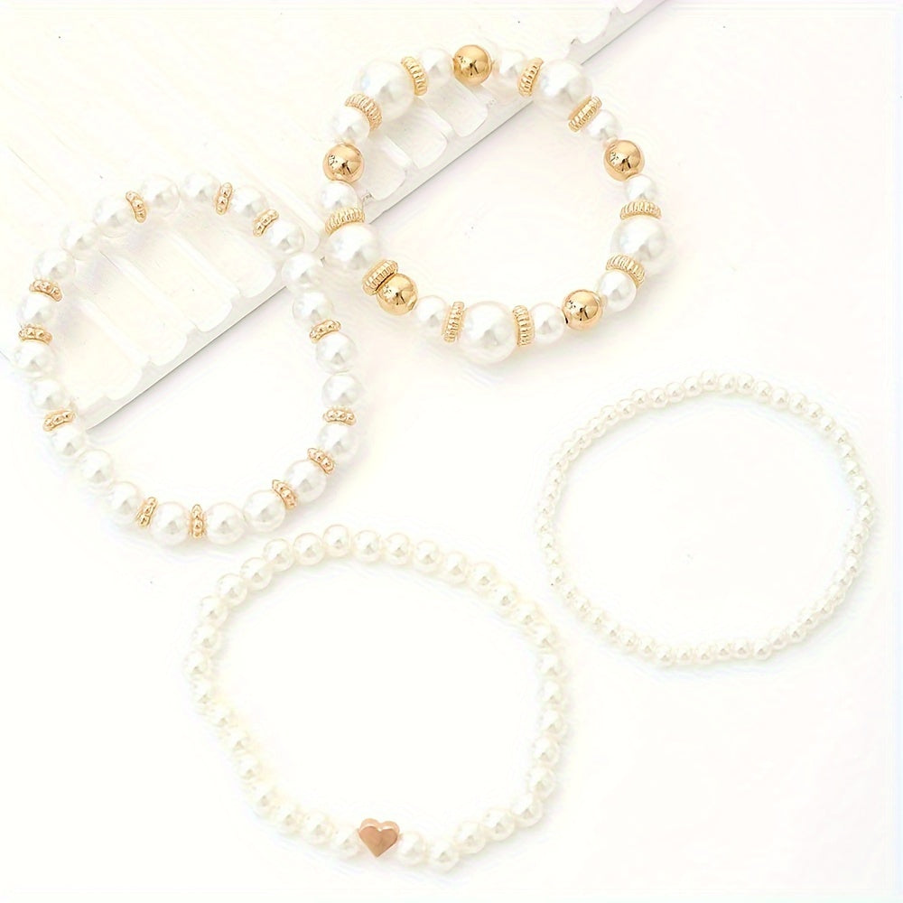 RANYA | 4-Delige Dames Armbanden Set met Parels en Glanzende Kralen