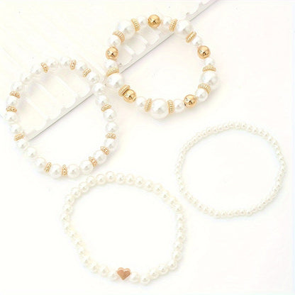 RANYA | 4-Delige Dames Armbanden Set met Parels en Glanzende Kralen